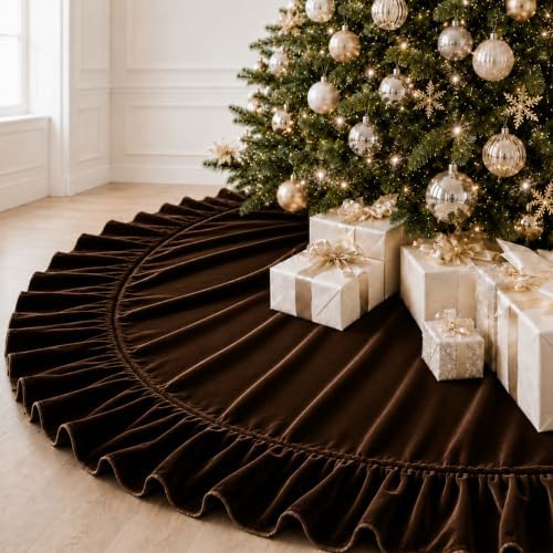 Christmas Tree Skirt,Velvet Tree Skirt with Ruffled Edge, Classic Large Velvet Fur Plush Tree Skirt for Merry Christmas(Brown,36Inch)