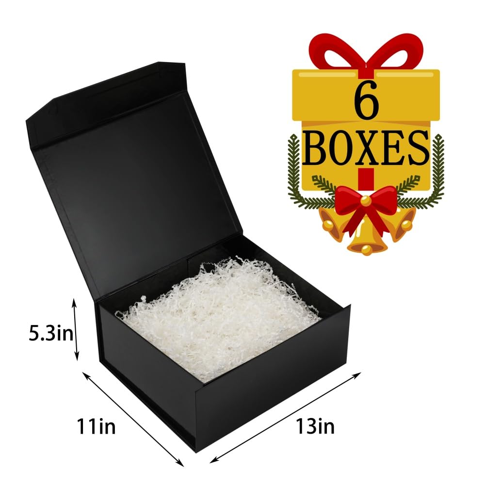 PACKGILO 6 Pcs Black Gift Box Large 13x11x5.3 Inch Black Large Gift Box with Crinkle Paper Magnetic Box with Shredded Paper Luxury Gift Boxes with Lids for Presents