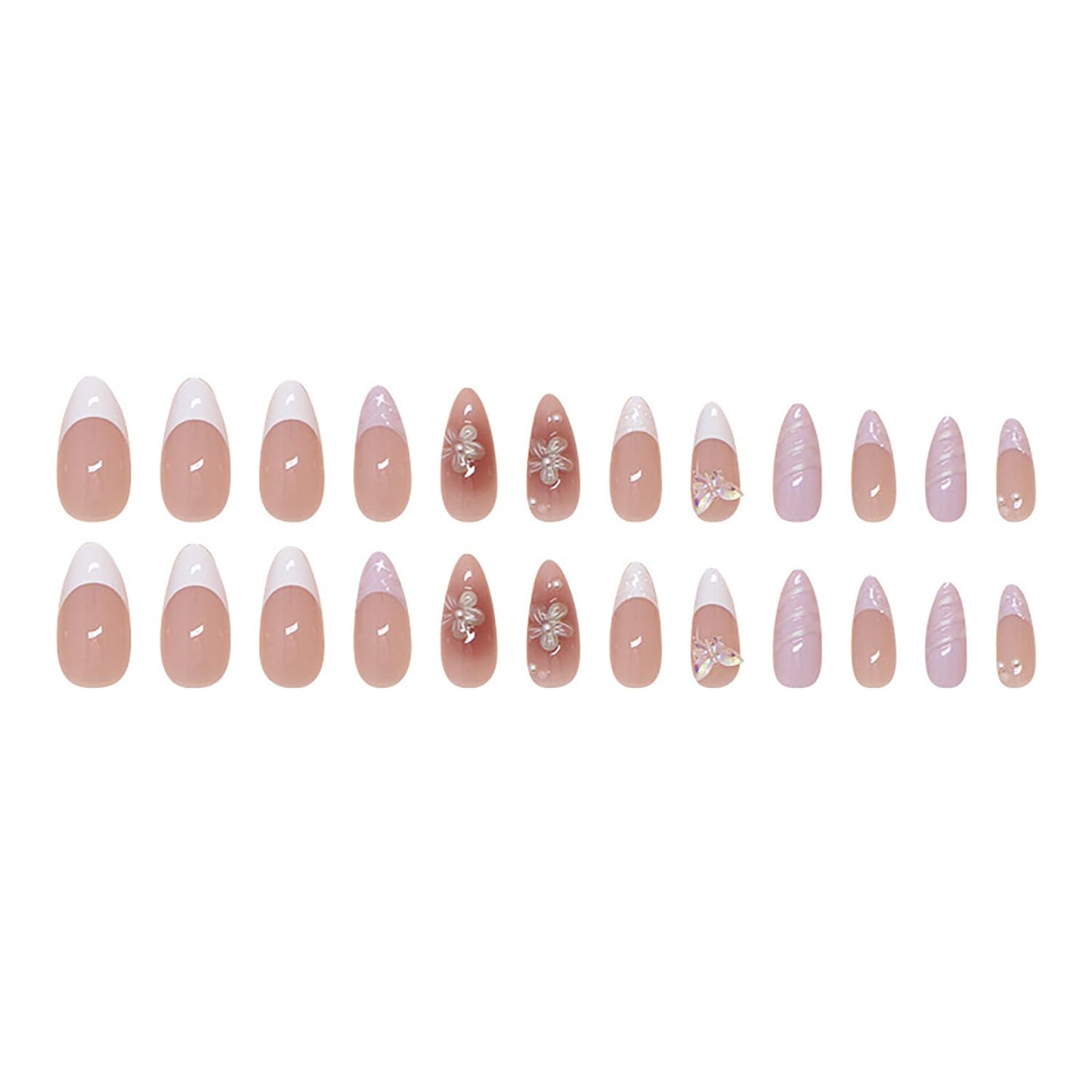 24Pcs Pink Almond Press on Nails Medium Fake Nails Glossy Reusable False Nail with 3D Flower Butterfly Design Artificial Acrylic Nail Press ons Spring Summer Flower Nails for Women DIY Nail