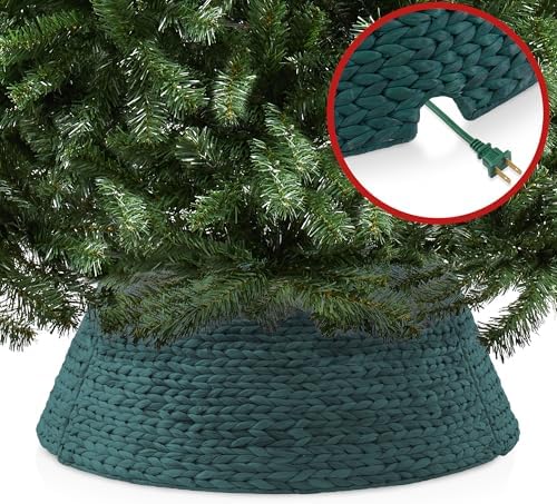 Casafield 32-Inch Christmas Tree Collar, Woven Water Hyacinth Tree Base Cover with Cord Cut Out, Green