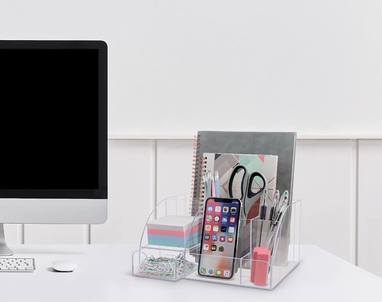 My Space Organizers Clear Acrylic Desk Oganizer, 9 Compartments, Office Supplies and Desk Accessories Organizer, Home Decor Desktop Organizer (Clear)