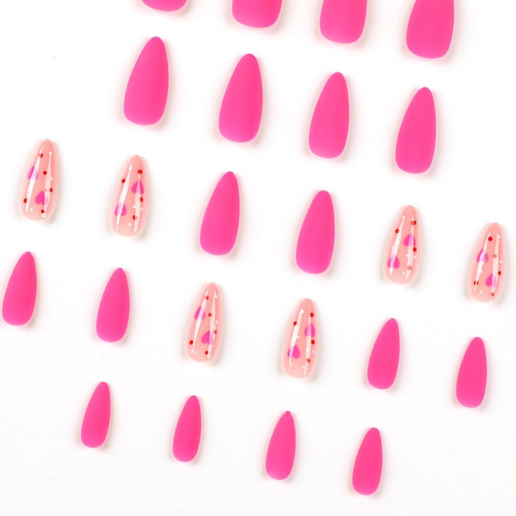 CTTHNBD Press on Nails Almond - Medium Fake Nails with Heart Design - Pink, Matte Full Cove Stick on False Nails for Women 24 Pcs