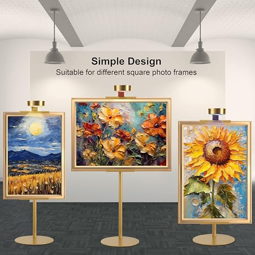 Adjustable Desktop Photo Frame Stand with Magnetic Wall Painting Light, Holds Picture Frames up to 30 Inch,with Rechargeable Battery,Metal Vertical Stand with 3 Color Temperature & 13RGB Poster Lights, for Displaying Picture Frames, Artworks (1 Pack,Gold)