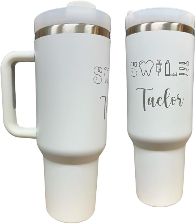 Dental hyginiest tumbler 40oz tumbler Tooth tumbler Dental water bottle Gift for dentist Gift for dental hyginiest Office gift (White(3)-Smile(A23 personalized))
