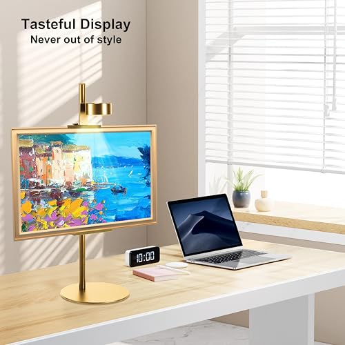 Adjustable Desktop Photo Frame Stand with Magnetic Wall Painting Light, Holds Picture Frames up to 30 Inch,with Rechargeable Battery,Metal Vertical Stand with 3 Color Temperature & 13RGB Poster Lights, for Displaying Picture Frames, Artworks (1 Pack,Gold)