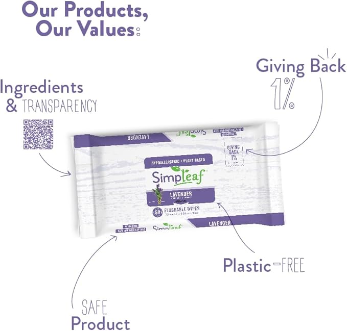 Simpleaf Flushable Wet Wipes Lavender | Plastic Free, Paraben & Alcohol Free | Hypoallergenic & Safe for Sensitive Skin | Soothing Aloe Formula | Adult Toilet Wipes (12 x 50 Counts Pack) 600 Counts