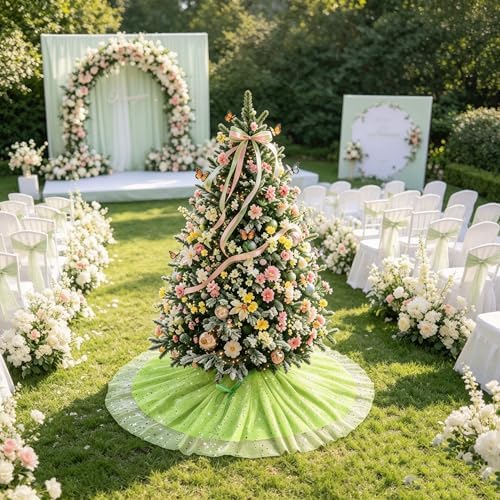 Green Tree Skirt 48'', Fluffy 3-Layer Tulle Tree Rug with Gold Star Sequins