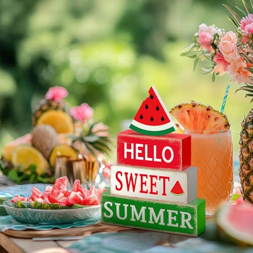 GlikCeil 4 Pcs Summer Watermelon Wood Block Table Sign Watermelon Table Decorations Centerpieces Farmhouse Rustic Tiered Summer Tray Decor for Home Office Desk Kitchen Shelf Decor - style: Watermelon