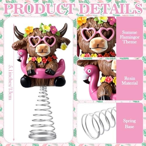 Gejoy Flamingos Highland Cow Miniature Tree Topper, 5.1 Inch Summer Beach Mini Highland Cow Tree Topper Decorations, Resin Cattle Figurine for Home Rustic Farmhouse Table Decor, Summer Gift Ideas