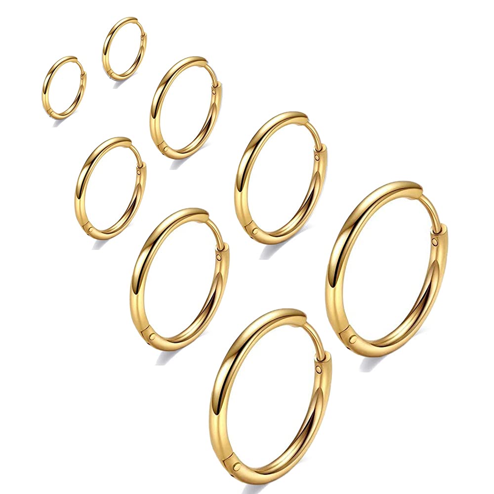 316L Surgical Stainless Steel Gold Hoop Earrings 6mm 8mm 10mm 12mm Huggie Hypoallergenic Earrings Hoop Cartilage Helix Lobes Hinged Sleeper Earrings For Women Men