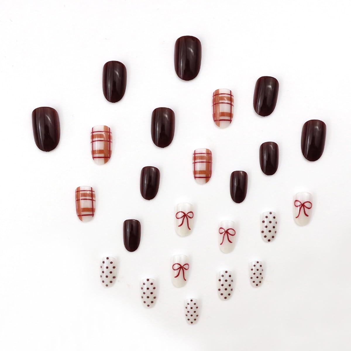 Fall Winter Press on Nails Short Oval Fake Nails Press ons with Plaid,Bow,Polka Dots Design Full Cover Stick on Nails for Women Manicure,Reusable | Artificial | Nail Sticky Tabs | Easy Apply | 24Pcs