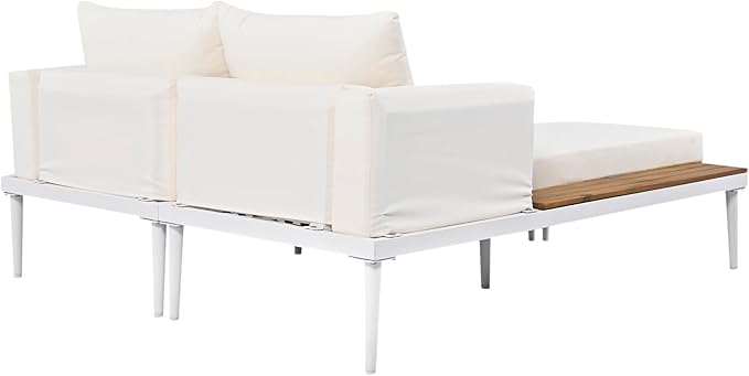 Polibi Patio Metal Daybed with Wood Topped Side Spaces for Drinks,Modern Outdoor Daybed 2 in 1 Padded Chaise Lounges for Poolside, Balcony, Deck,Beige