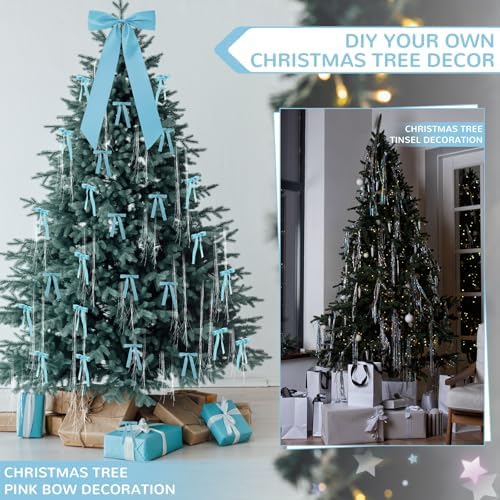 Shihanee Blue Christmas Bows Decor Set 1 Large Satin Christmas Tree Topper 24 Blue Velvet Ribbon Bows with 3000 Strands Silver Tinsel Icicles Xmas Ornament for Holiday Wreath Gift Wrapping Decoration