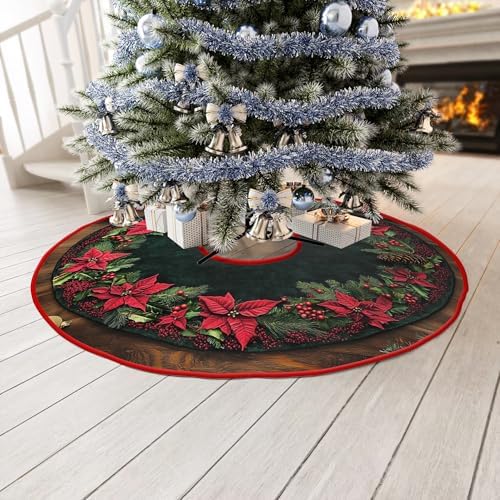 Red Leaves Christmas Tree Skirt 48 Inch by Leo Walker Rustic Xmas Tree Skirt Black Red Christmas Tree Skirt Ornaments for Merry Christmas Holiday Party Decorations Indoor Outdoor