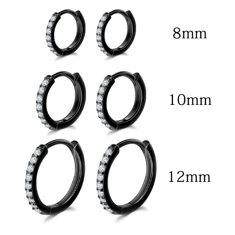 Black Hoop Earrings Sterling Silver Stud Earrings for Men Women 6 Pairs Hypoallergenic Tiny Cubic Zirconia Stud Set Cartilage Hoops 8mm 10mm 12mm