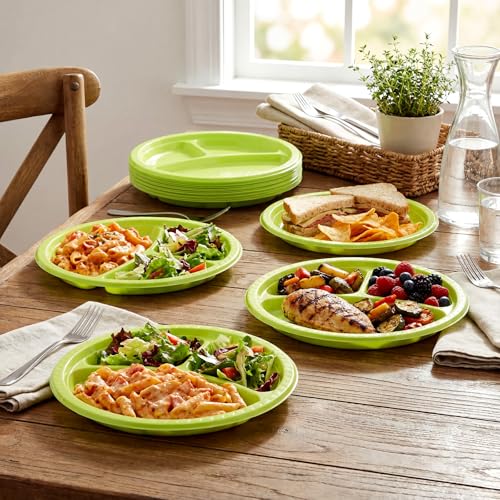 Umigy 100 Pcs 10 Inch 3 Compartments Divided Plastic Plates Bulk Colorful Disposable Heavy Duty Round Dinnerware for Party Valentine Wedding Birthday (Green) - color: Green