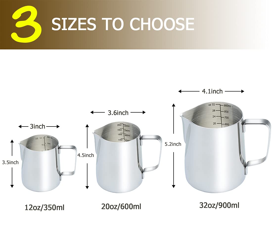 CAMKYDE Stainless Steel Milk Frothing Pitcher 12 oz, Espresso Steaming Pitcher with Decorating Pen for Espresso Machines, Cappuccino, Latte Art (Silver)