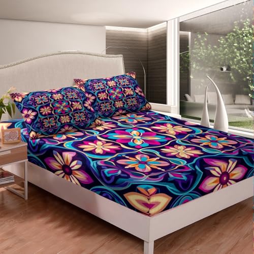 Feelyou Boho Bed Sheets Set Twin Size Southwestern Geometric Bedding Set for Kids Boys Girls Southwest Native American Design Sheets with Deep Pocket Fitted Sheet Tribal Bedding Set - color: Aubergine, size: Twin
