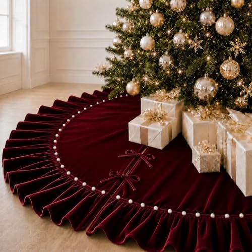 Christmas Tree Skirt,Velvet Tree Skirt with Ruffled Edge with Pearls, Classic Large Velvet Fur Plush Tree Skirt for Merry Christmas(WineRed,60Inch)