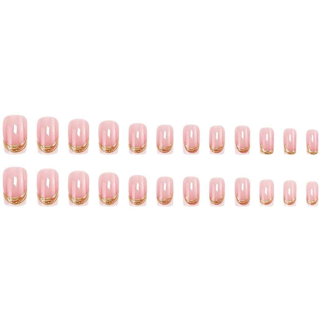 Foccna Short Press on Nails Square Fake Nails French Tip False Nails with Gold Line Design Glue on Nails Acrylic Nails Glossy Full Cover Stick on Nails for Women 24Pcs