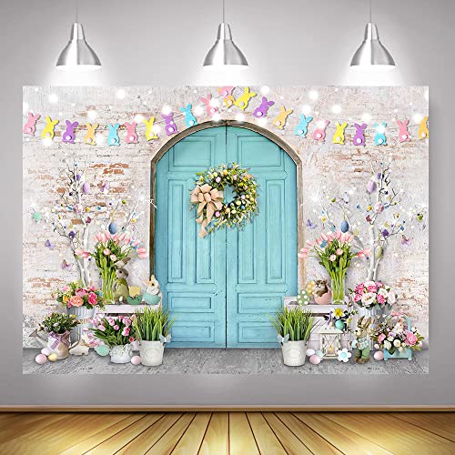 Mocsicka Easter Backdrop Blue Wooden Door with Brick Wall Bunny Rabbit Spring Photography Background Easter Day Party Decorations Photo Studio Props - size: 10x8ft(120x96 inch)