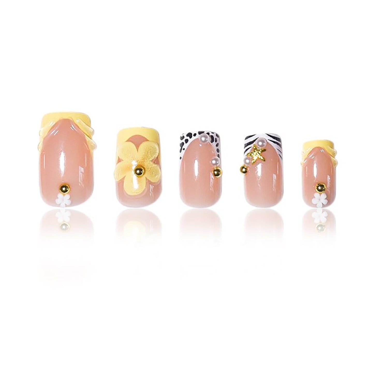 RUOKEXIN Short Press on Nails French Tip Fake Nails Square False Nails with 3D Flower Designs Orange Nail Press ons Sparkly Artificial Nails for Women 24Pcs