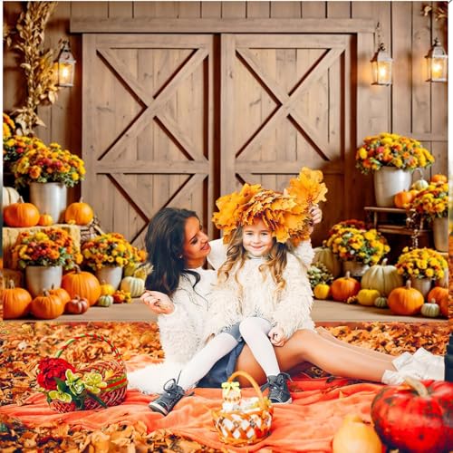 Fall Backdrop 10x8ft Thanksgiving Autumn Harvest Photography Backdrop Pumpkin Maple Leaves Barn Door Background for Friendsgiving Studio Party Banner Photo Booth Props