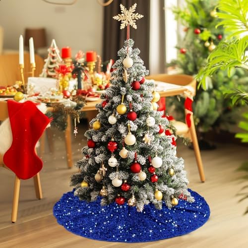 Small Christmas Tree Skirt Blue Glitter Sequin Xmas Tree Skirts 21 Inches Velour Round Christmas Tree Mat Royal Blue Mini Tree Skirt for Table Top Xmas Tree New Year Party Decoration