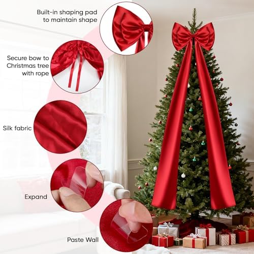 Christmas Tree Topper Bow, Double-Layer Giant Bows Christmas Decorations, Christmas Wreath Bows for Home Wreath Wall Backdrop Birthday Wedding Party Decor (Red Bow, 87 INCH)