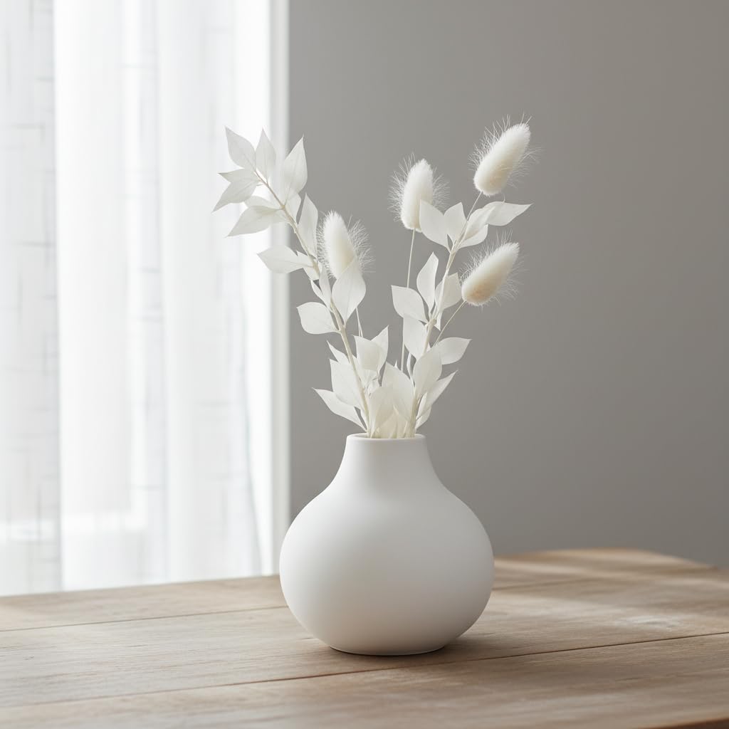 Carrot's Den White Round Vase - Minimalist Nordic, Japandi, Mid Century Modern Home Decor | Table Centerpiece, Wedding, Living Room, Bookshelf, Office, Modern Home, Entryway, Console (White)