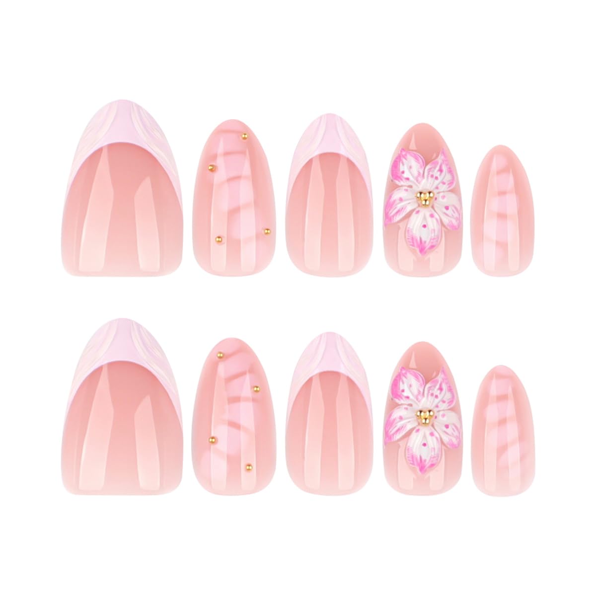 3D Press on Nails Pink Flowers & Alligator Design Short Almond Fake Nails French Tip False Nails Full Cover Glossy Spring Summer Stick on Nails for Women 24PCS
