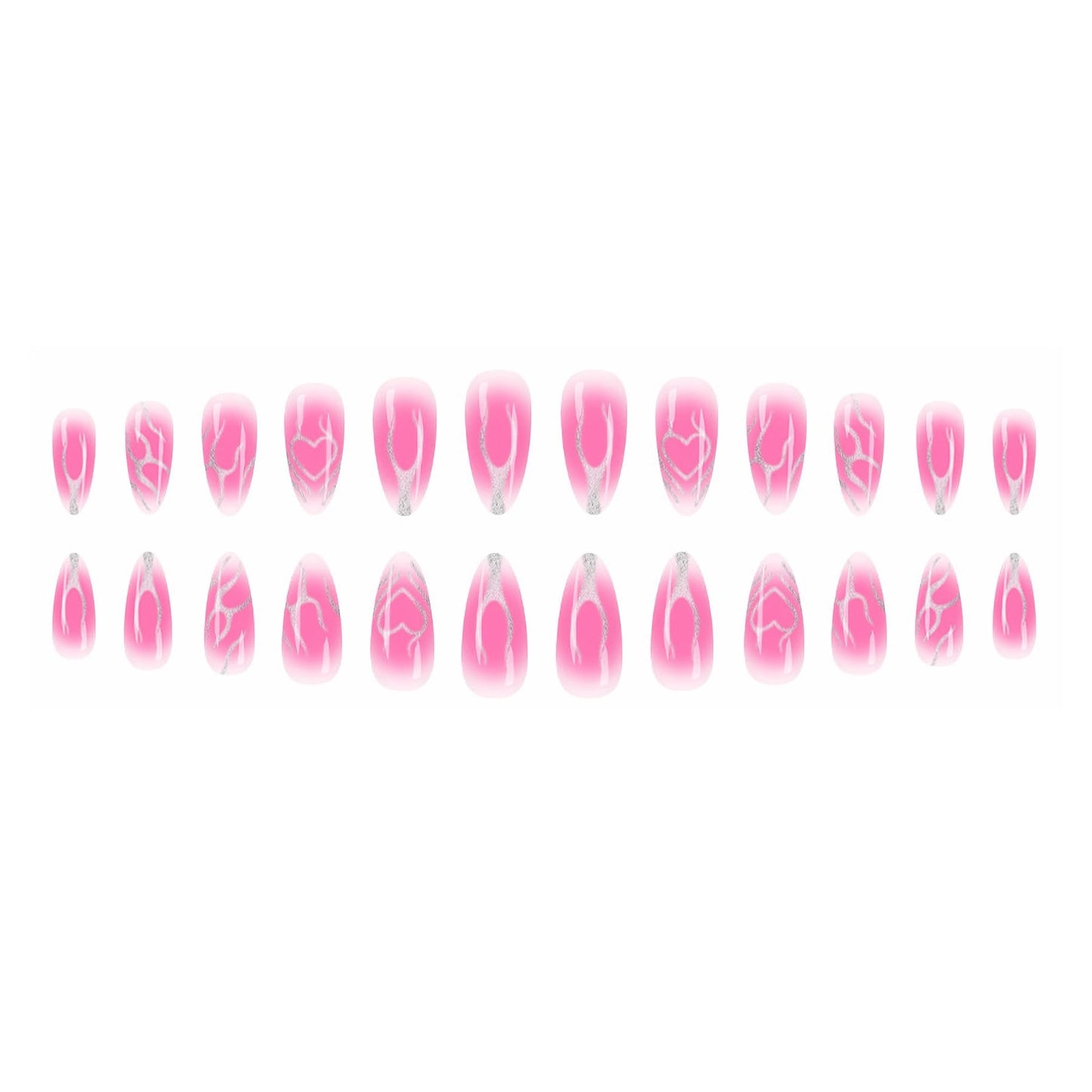 MERVF Press on Nails Medium Almond, Pink Gradient Fake Nails Heart Flame Glitter Design Glue ons Goth Acrylic Nail Glossy 24pcs