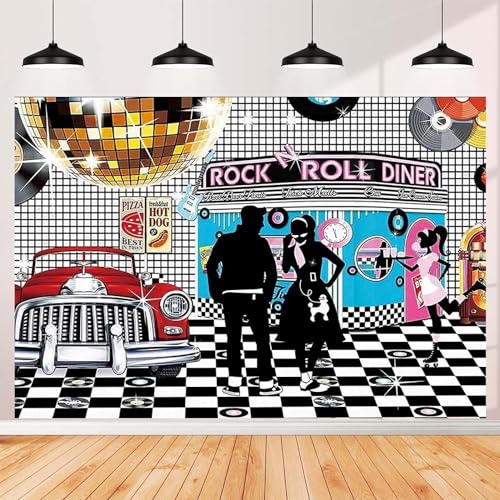 Disco Retro Style Photo Backdrop - 50's Rock Roll Prom Dance Birthday Diner Party Decor - Classic Car Party Decoration Banner, 7x5FT