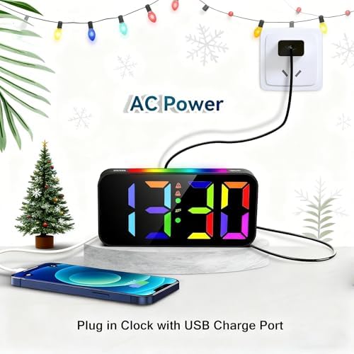 Topski Loud Alarm Clocks for Bedrooms Heavy Sleepers, Digital Bedside Clock | Plug-in, RGB Night Light, Large Display, Dual Alarm, Snooze, Dimmable, 3 Volumes