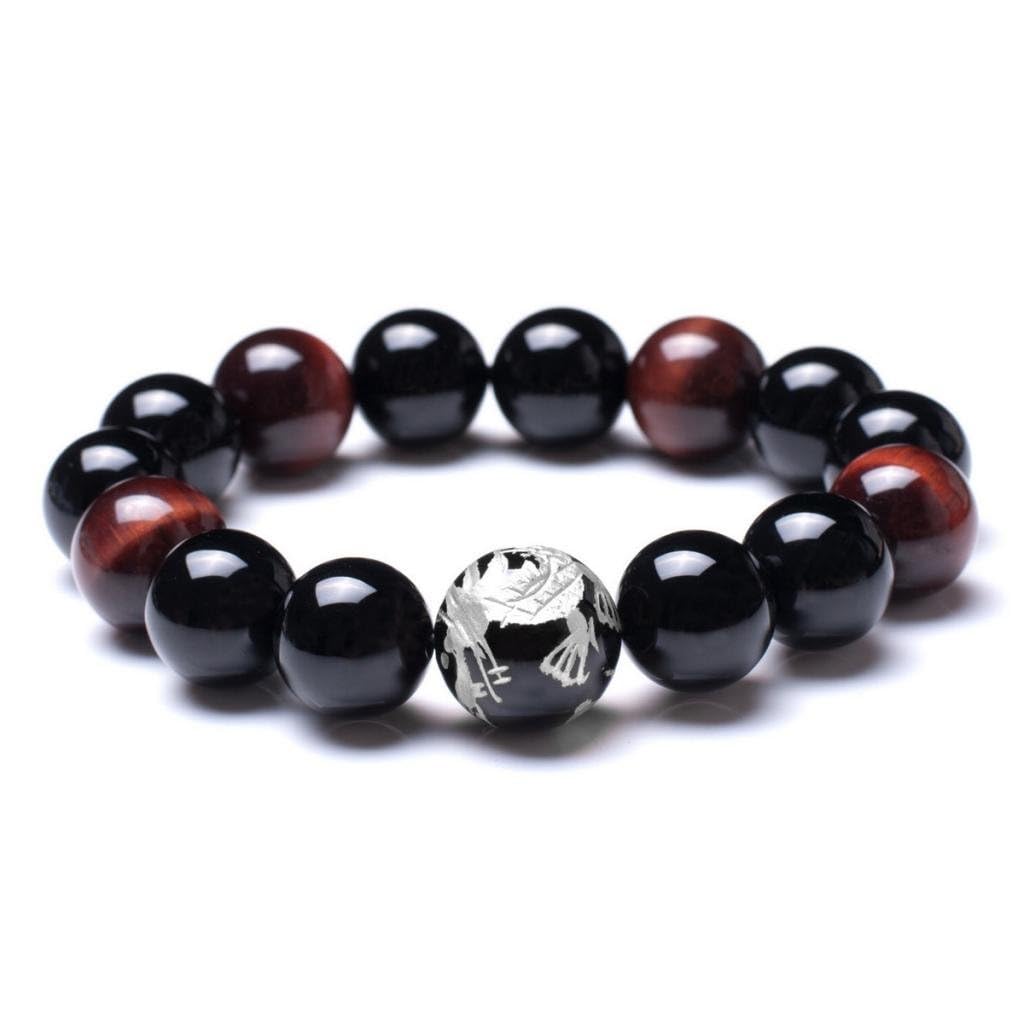 16mm Silver Dragon Pattern Tiger Eye Stone Bold Wrist Bracelets | Elegant Design Natural Lava Rock Black Beads Bracelets for Men | Charming Black Crystal Men's Bracelet Beads Set for Layered Looks