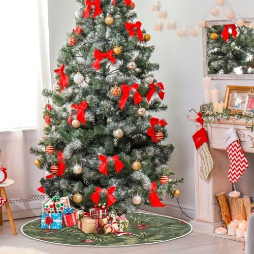 Christmas Balls Fir Holly Berry Christmas Tree Skirt Small Xmas Tree Decoration 36 inch Holiday Burlap Tree Mat Cover for 4 ft Trees