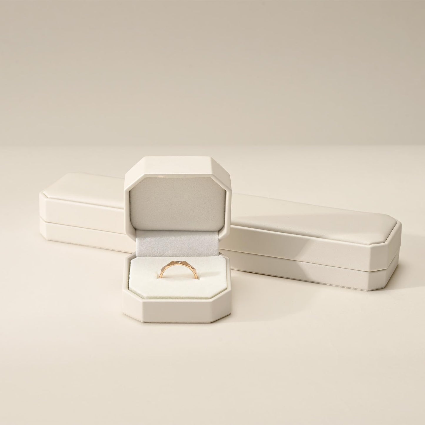 Woodten Octagonal PU Leather Jewelry Ring Gift Box Beige Small Engagement Proposal Ring Box