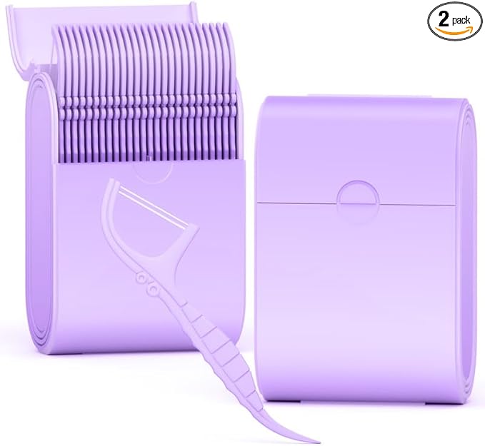 Generic Floss Dental Picks Travel Case 2 Box，104 Double Line Flosser Included-Mint-Flavored-Bilateral Storage Dental Floss Sticks and Toothpick Container,Oral Hygiene Essential., Purple