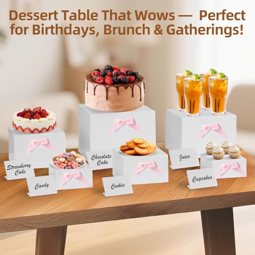 6 Pcs Buffet Risers, Acrylic Risers Display Stands for Buffet Table with Bow/Mini Sign/Marker/Mini Eraser, Hollow Bottom Nesting Cube Food Display Stand for Party Catering Dessert(8",7",6",5",4",4")