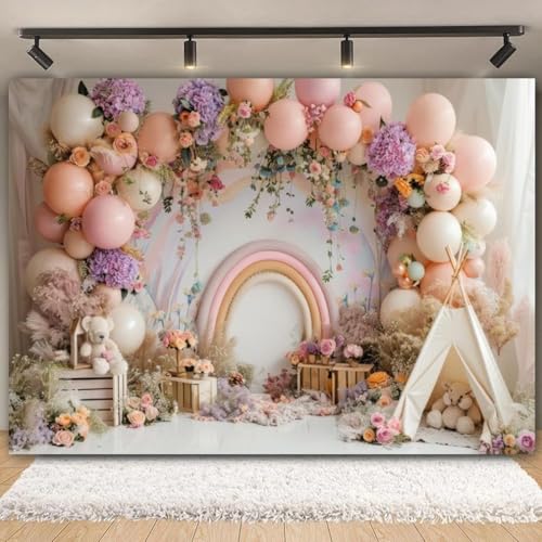Newborn Baby 1st Birthday Photography Backdrop - Balloons Tent Flower Decor Background for Kids Birthday Party Baby Shower Portrait Cake Smash Props (8x6ft) - size: 8x6ft