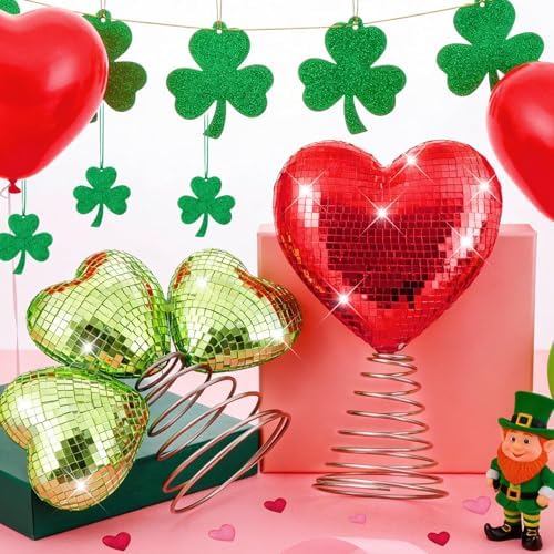 2PCS St Patrick's Day Tree Topper, 10 & 7 Inch Heart Shamrock Tree Topper, Disco Sequin Ball Treetop, Red Green Iron Metal Glitter Treetop for Wedding Holiday Party Decor