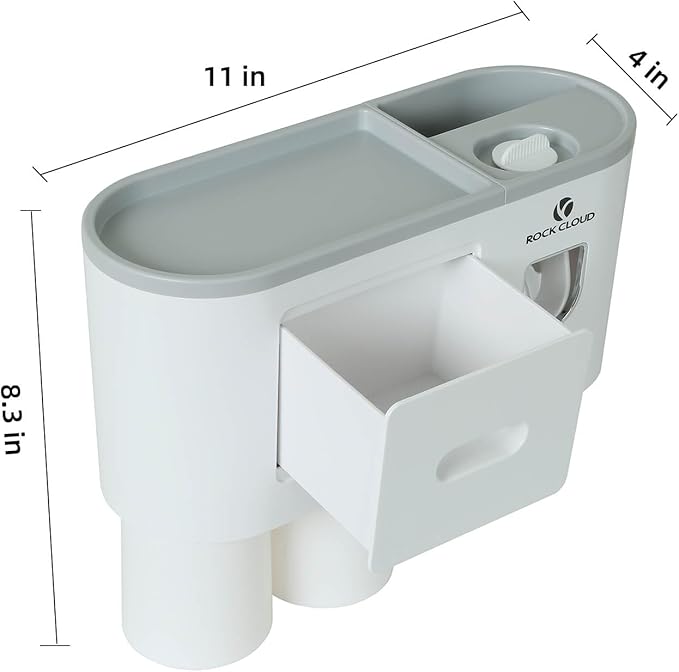 ROCK CLOUD Toothbrush Holder Wall Mounted Automatic Toothpaste Dispenser Squeezer Kit Saving Space, 4 Toothbrush Slots,2 Cups and Drawers for Bathroom