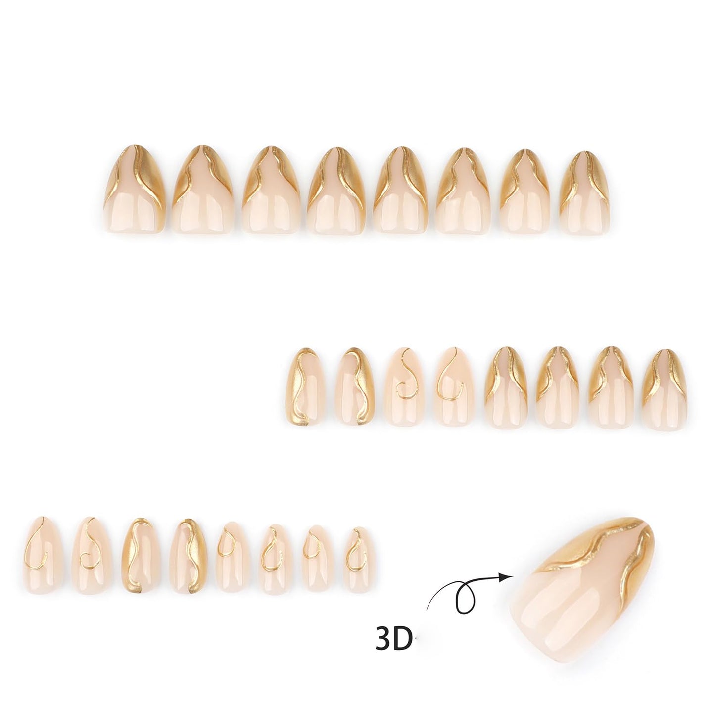 CJDLTS Gold Press on Nails Medium Length Golden 3D Irregular Lines Design False Nail Nude Artificial Stick on Nails Acrylic Press Ons Reusable Glue on Nail for Women 24Pcs
