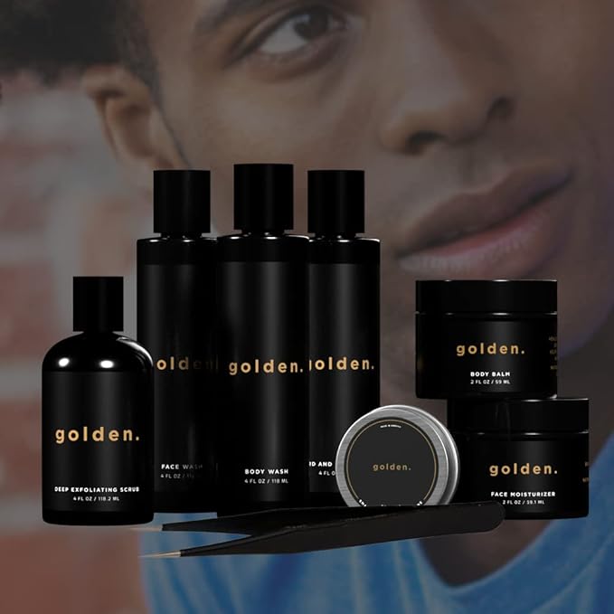 Golden Grooming Co. Men's Bath & Body Gift Set | Exfoliating Face Scrub, Face Wash, Lip Balm, Body Wash & 2-in-1 Beard & Hair Shampoo | Complete Grooming Kit for Men