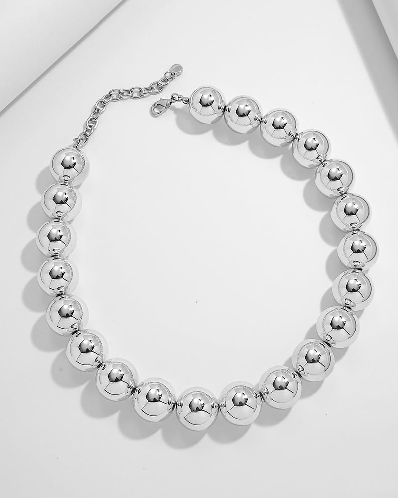 FAUTHENTICUTE Chunky Silver Beaded Choker Necklace for Women Adjustable Collar with Large Silver Beads Trendy Statement Necklace Boho Summer Beach Jewelry Gifts