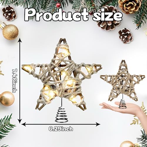 Christmas Tree Topper Rustic Christmas Tree Topper Star 6 Inch, Battery Operated Lighted Jute Rattan Star Warm White Light Christmas Tree Decoration for Small Tabletop Christmas Trees
