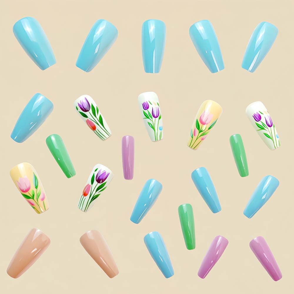Long Press On Nails Coffin Fake Nails Flower False Nails With Tulip Design Blue Acrylic Full Cover Artificial Glossy Glue On Nail Summer Stick On Nail For Women Spring Manicure 24pcs