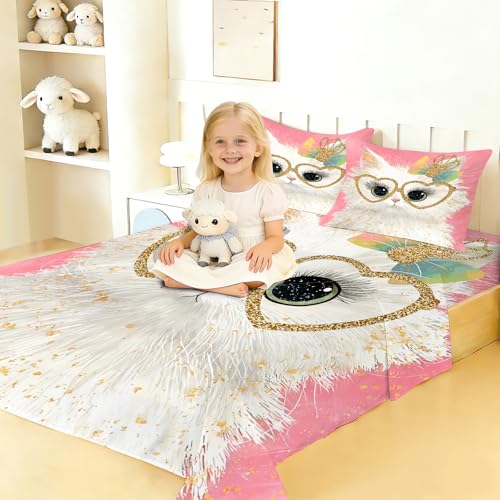 Girls Cat Themed Fitted Sheet Set Full Size Pink Glitter Cat with Heart Glasses Print Sheet Set Kawaii Bow Kitten Bedding for Kids Toddler Bedroom 1 Fitted Sheet + 1 Flat Sheet + 2 Pillowcases - color: Cat 09, size: Full