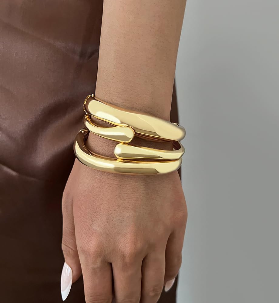 Chunky Gold Bangle Bracelets for Women, Dainty 14k Gold Plated Simple Stackable Bangles Set, Fashion Vacation Accessories Small Gifts for Daughter
