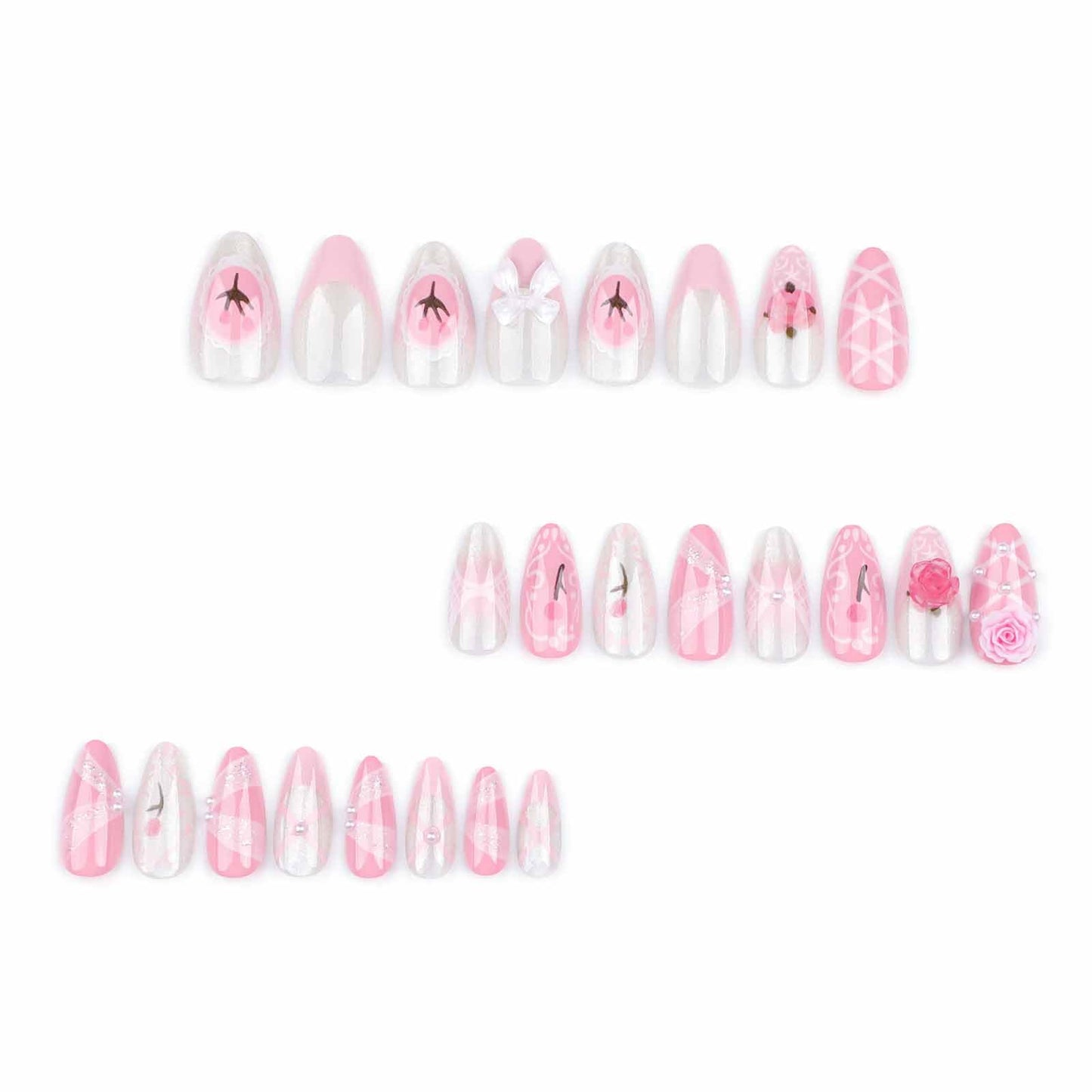 LBPEPAMZ 24Pcs Pink Press on Nails Medium Almond Fake Nails with 3D Rose Bow Pearl Rhinestones Design Pink Gradient French Tips White Acrylic False Nails Stick on Nails for Women Valentine's Day Decor
